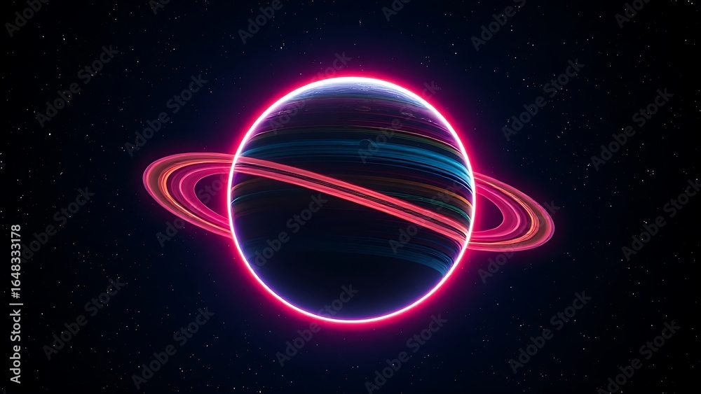 Obraz premium A colorful planet with glowing rings floating in deep space, evoking cosmic wonder and mystery.
