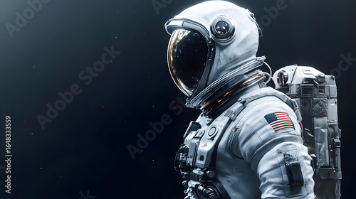 An astronaut in a spacesuit against a dark background looking towards the light.