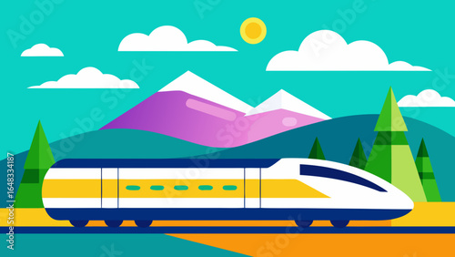 Modern high speed train traveling through a scenic mountain landscape