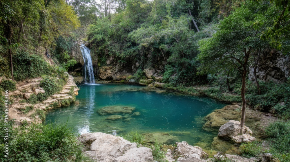 Fototapeta premium A tranquil natural scene featuring a turquoise pool at the base of a small waterfall surrounded by lush greenery,