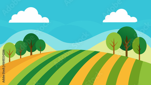 Stylized illustration of a green and yellow striped farm field with trees and clouds