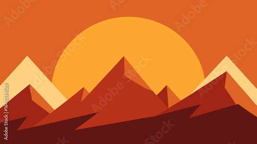 Stylized geometric mountain landscape with a large sun at sunset