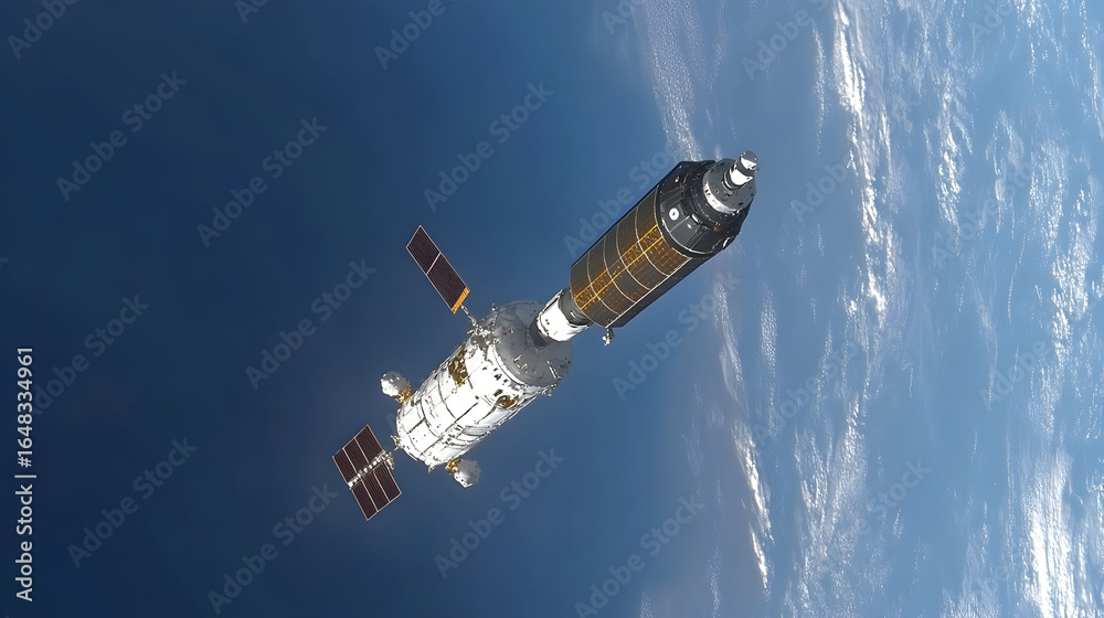 Fototapeta premium Spacecraft in orbit above earth against a dark blue sky.
