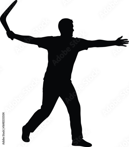 Silhouette of a man throwing a boomerang with outstretched arms, sport and recreation concept with simple and minimal design