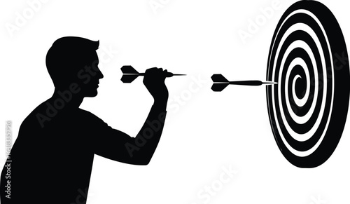 Silhouette of a man throwing a dart at a target, aiming for bullseye, representing accuracy, skill, and success in achieving goals