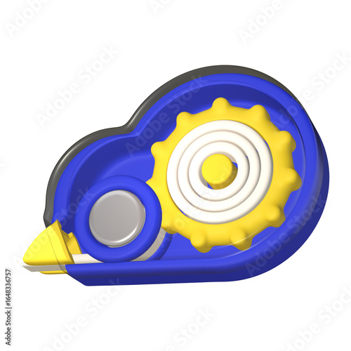 A 3D rendered correction tape shows a blue dispenser with a yellow internal gear mechanism and a yellow tip.