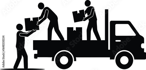 Silhouette of a group of delivery workers loading boxes onto a truck for shipping and transport