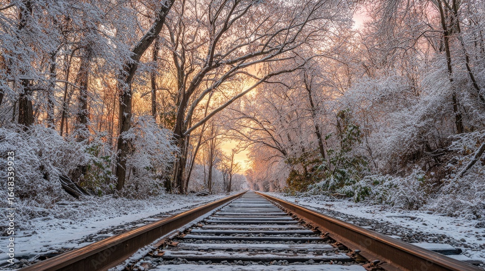 Fototapeta premium Snowy Train Tracks Through Forest