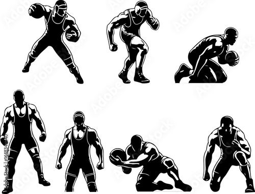 Vector sketch illustration of a collection of images of baseball athletes in fighting poses on the field
