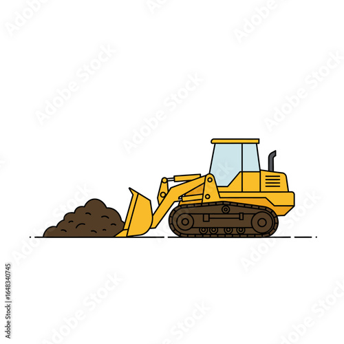 A yellow bulldozer with a pile of dirt in its bucket, shown in a simple line art style against a white background, ideal for construction or industrial design projects.