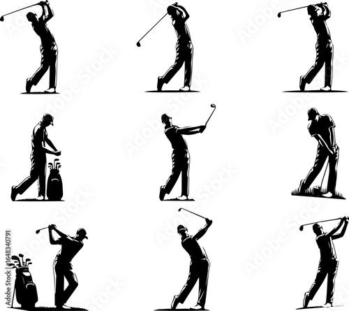 Vector sketch illustration of a collection of images of golf athletes hitting the ball on the field