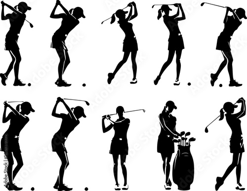 Vector sketch illustration of a collection of images of golf athletes hitting the ball on the field