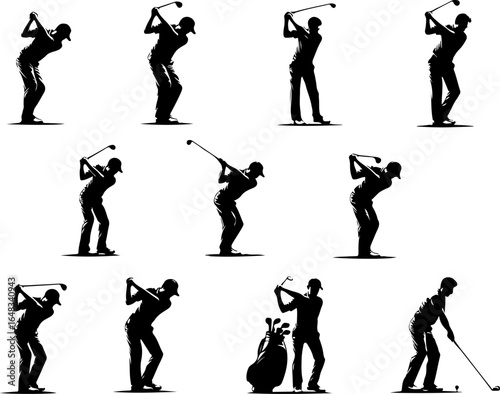 Vector sketch illustration of a collection of images of golf athletes hitting the ball on the field