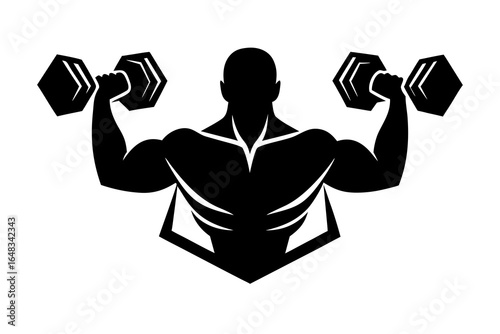 Fitness Gym Logo: Bodybuilder Lifting Dumbbells