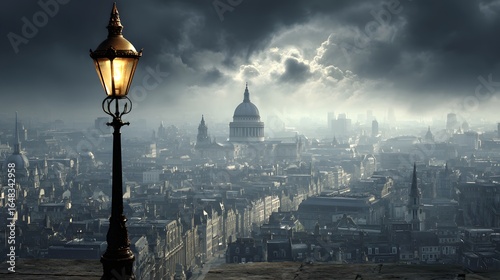 Cityscape panorama with dramatic lighting and a vintage lamp post.