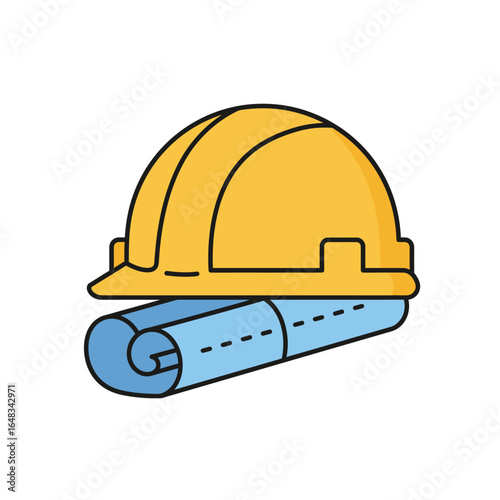 An illustrative icon depicts a yellow construction hard hat resting on a rolled-up blue blueprint, symbolizing safety and planning in engineering.