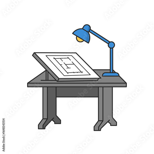 A simple, clean illustration of a drafting table featuring a detailed blueprint and an adjustable desk lamp, perfect for design and architecture concepts.