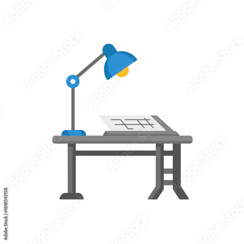 Illustration of a blue desk lamp illuminating a drafting table with architectural plans, conveying concepts of design, creativity, and workplace environment.