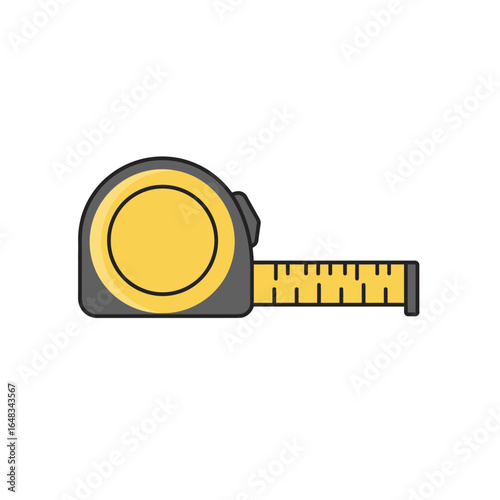 A flat illustration showcases a yellow and gray tape measure, a common tool used for precise measurement in construction and various design projects.