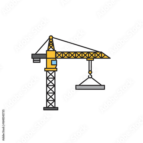 A yellow tower crane with a heavy gray load is depicted as a simple, modern flat design icon on a clean white background, symbolizing construction.