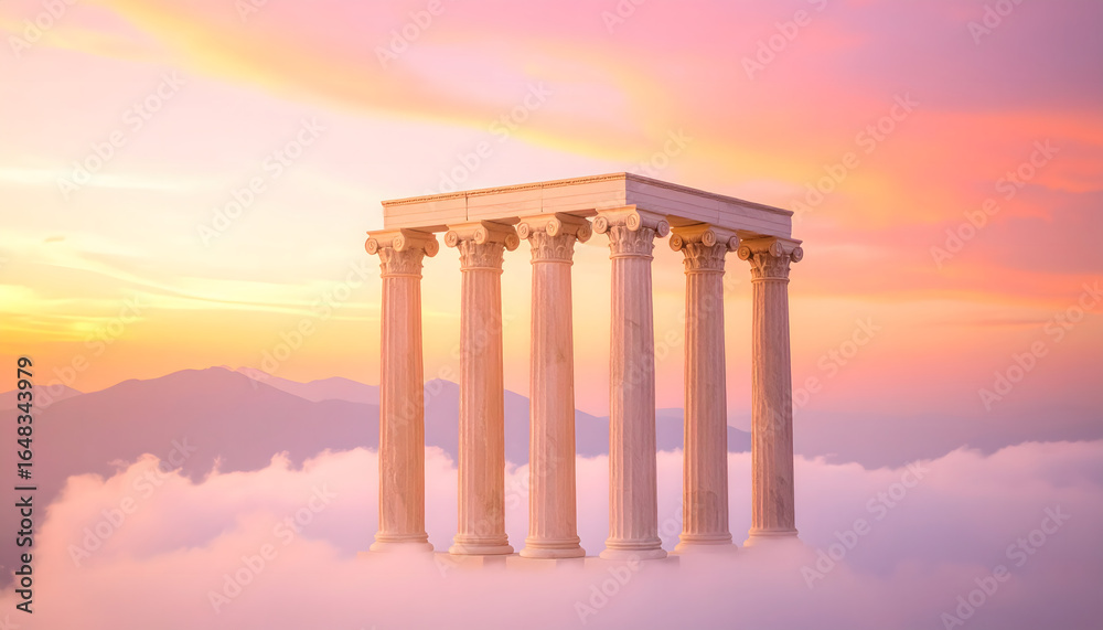 Fototapeta premium Dreamy Architectural Marvel A Columned Structure Floating Above the Clouds in a Sunset Sky