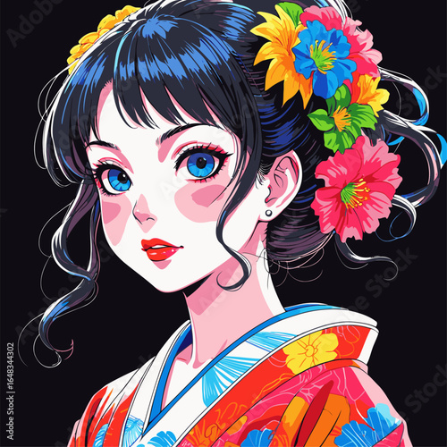 vector illustration of anime woman wearing kimono