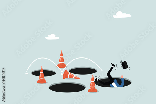Business failure, mistakes or inability to overcome difficulties or obstacles, problems or poor performance, frustrated entrepreneurs fail to jump over obstacles and fall into the pit.