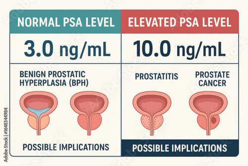Normal and elevated PSA level chart showing prostate health with benign prostatic hyperplasia and cancer risks for better PSA