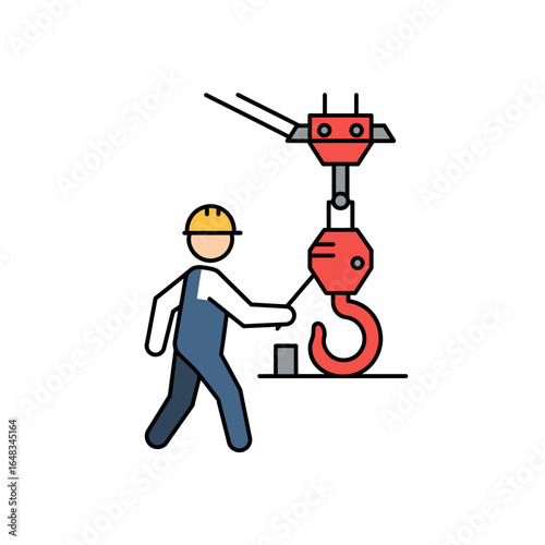 A construction worker operates a crane hook, a flat vector illustration suitable for industrial, construction, and manufacturing websites and applications needing a simple and easily scalable graphic.
