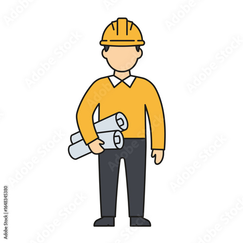 A simple vector illustration of a construction worker or engineer in a hard hat holding blueprints, set against a clean, white background for versatile use.