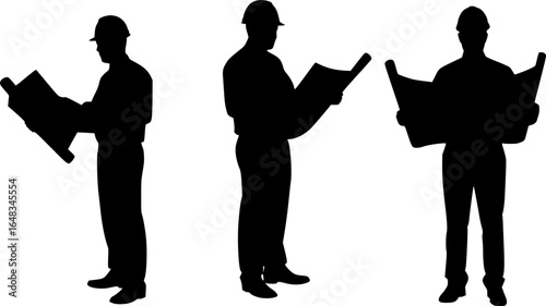 Three silhouettes of architects in hard hats reviewing blueprints and holding rolled plans on white background | editable eps vectors