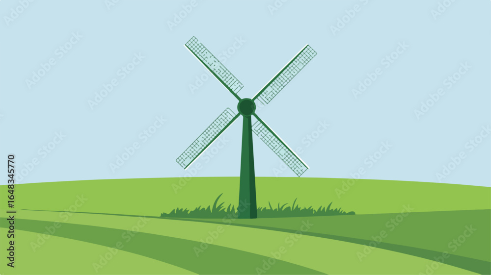 Fototapeta premium Wind turbine on green field with blue sky