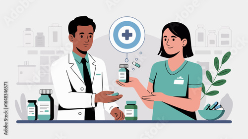 Medical professionals exchanging medication in clinic