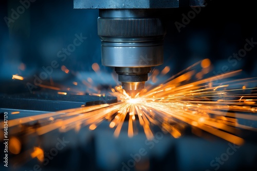 Close-up of industrial laser cutting machine processing metal with bright sparks, concept for engineering illustration, manufacturing equipment and precision technology