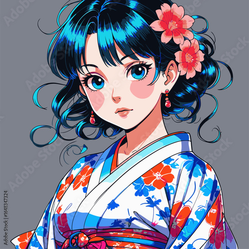 vector illustration of anime woman wearing kimono