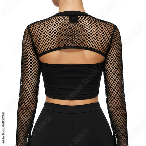 Back view of a woman wearing a black fishnet long-sleeved crop top over a black bandeau, showcasing the garment's design and fit.