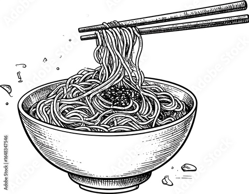 Hand-drawn bowl of noodles with chopsticks