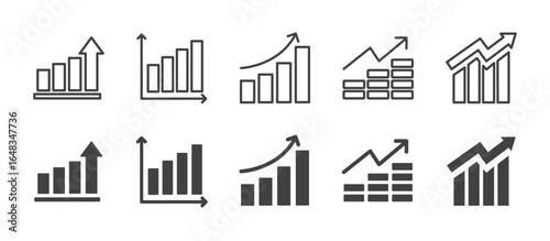 Statistic growth icons set. Editable stroke. Thin line and glyph solid icon series.
