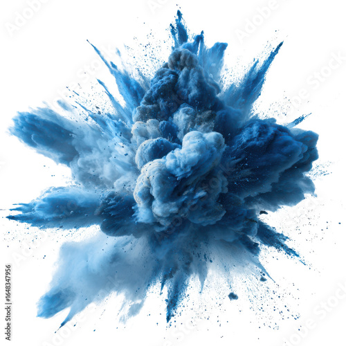 Dynamic blue powder explosion against black background burst splash, Isolated On Png Transparent Background