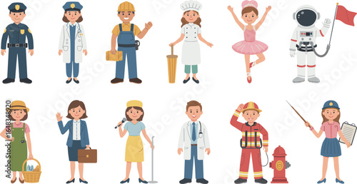 Cartoon Profession Characters Set – Police, Doctor, Chef, Astronaut, Teacher, Firefighter, Scientist, Dancer, Farmer, Reporter, Builder, Businesswoman – Vector Illustration