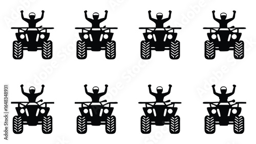 Black silhouettes of people riding quad bikes white background