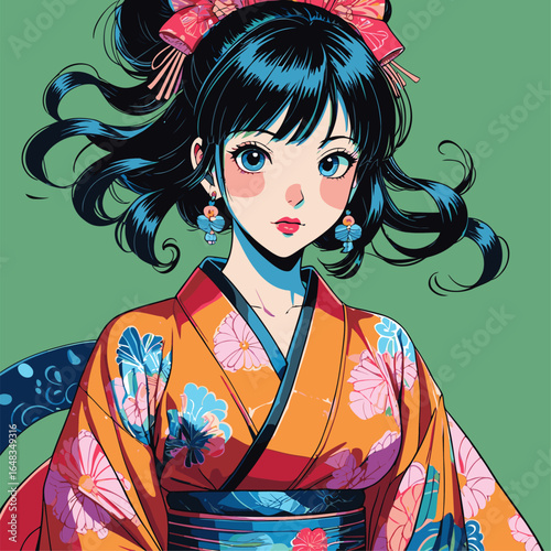 vector illustration of anime woman wearing kimono