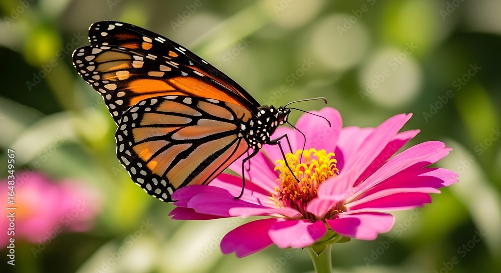 Naklejka premium Monarch butterfly gracefully rests on a vibrant pink zinnia flower in garden