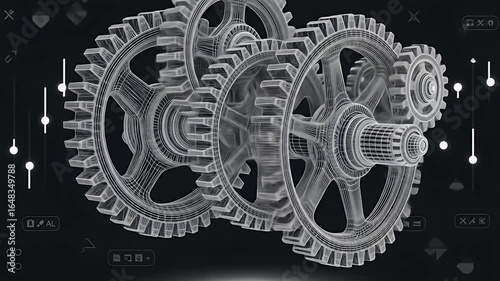 Wireframe gears interlocking on a dark background with digital interface elements