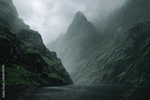 Misty fjord with lush, green mountains