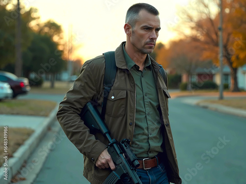 intense casually dressed white man with automatic rifle walking on street in neighborhood