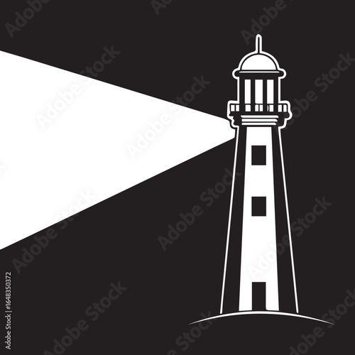 Classic lighthouse beam illuminates dark night sky guiding ships safely through nautical navigation
