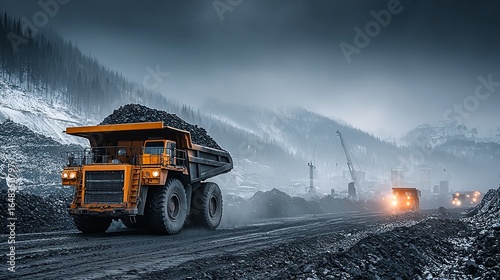 Heavy-duty mining truck traversing a coal mine roadway.
