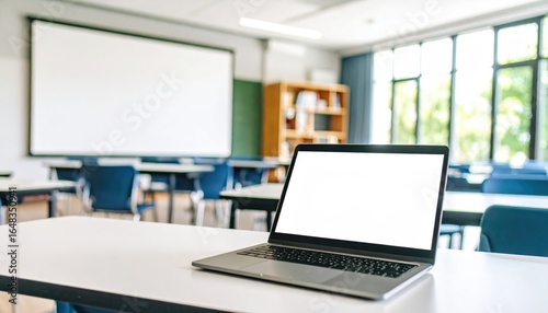 A laptop with a blank screen sits on a desk in a classroom, ready for use.