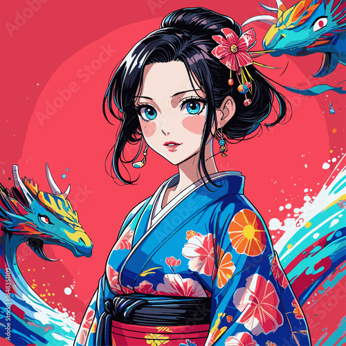 vector illustration of anime woman wearing kimono